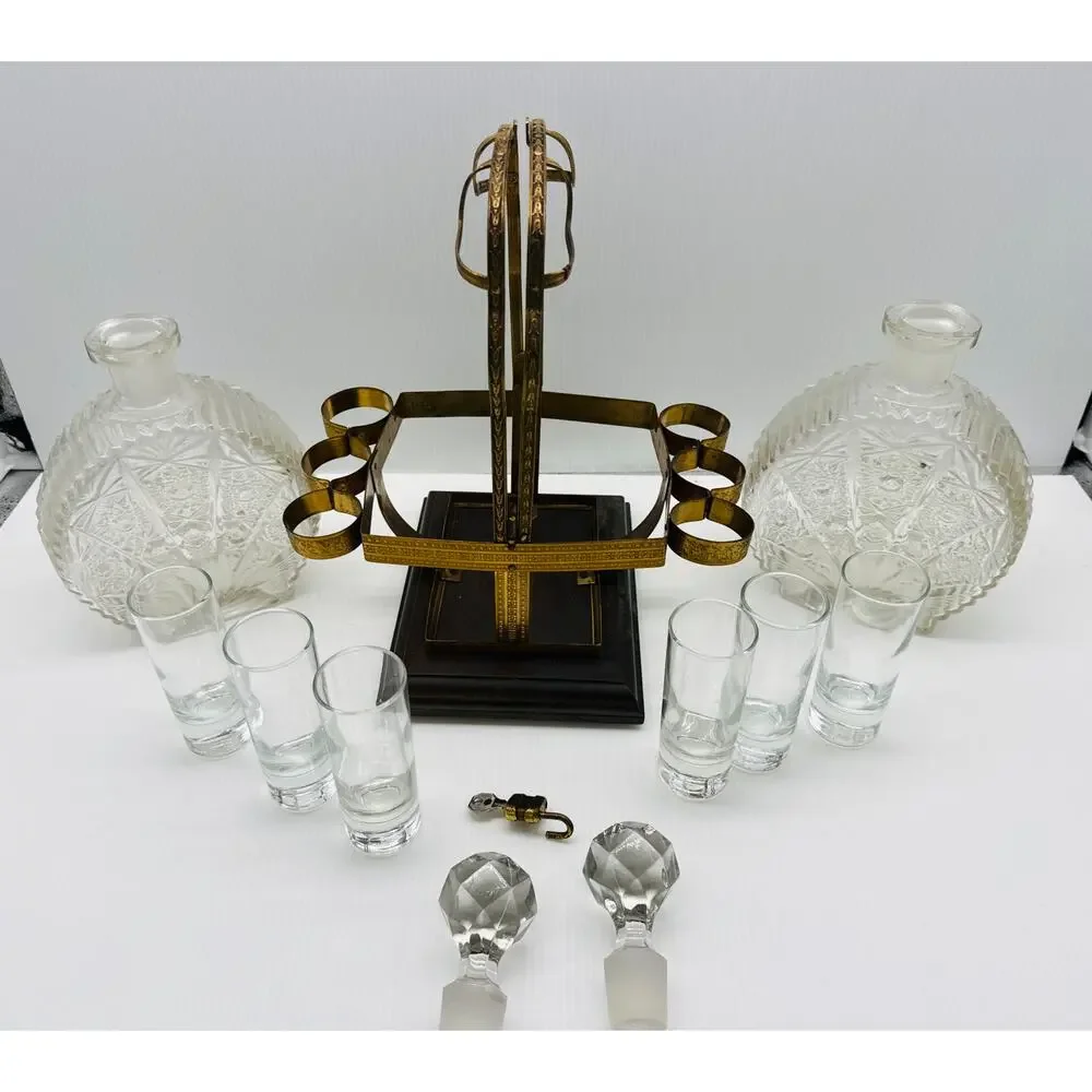 Vintage Cut Glass Decanter Set Brass Holder 6 Shot Glasses Wooden Base Barware